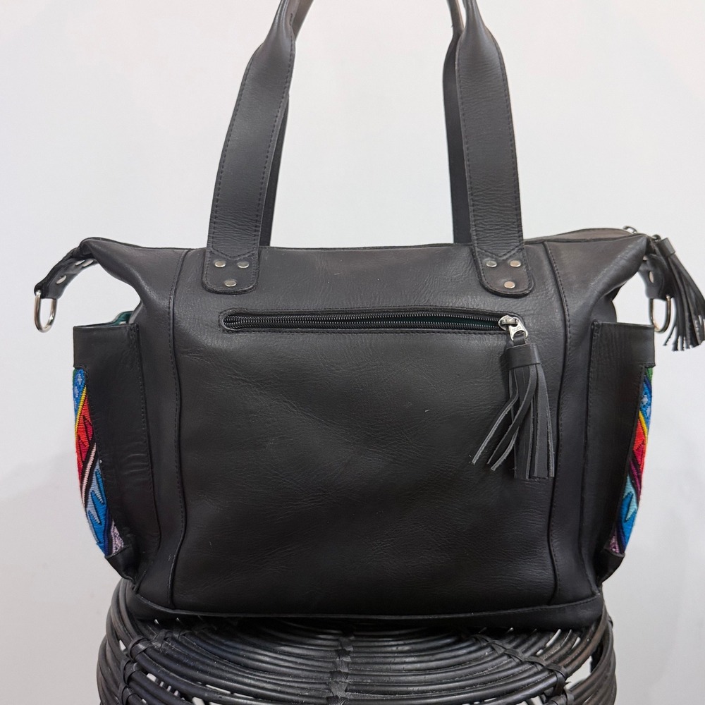 Amara Collective Huipil Leather Tote Bag Black Guatemalan Artisan Boho - Picture 8 of 11